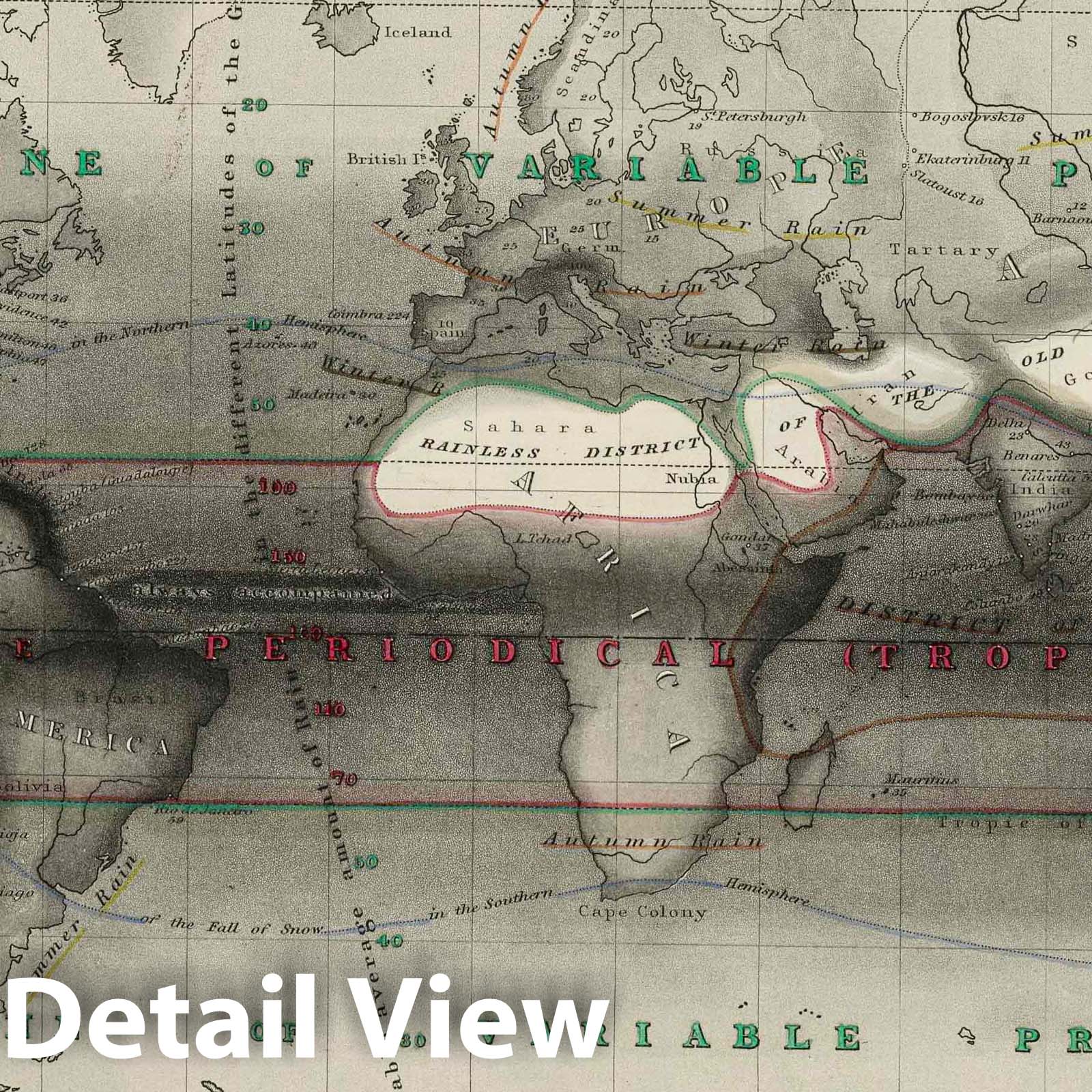 World - Rain Distribution, 1850 - Historical Map Print