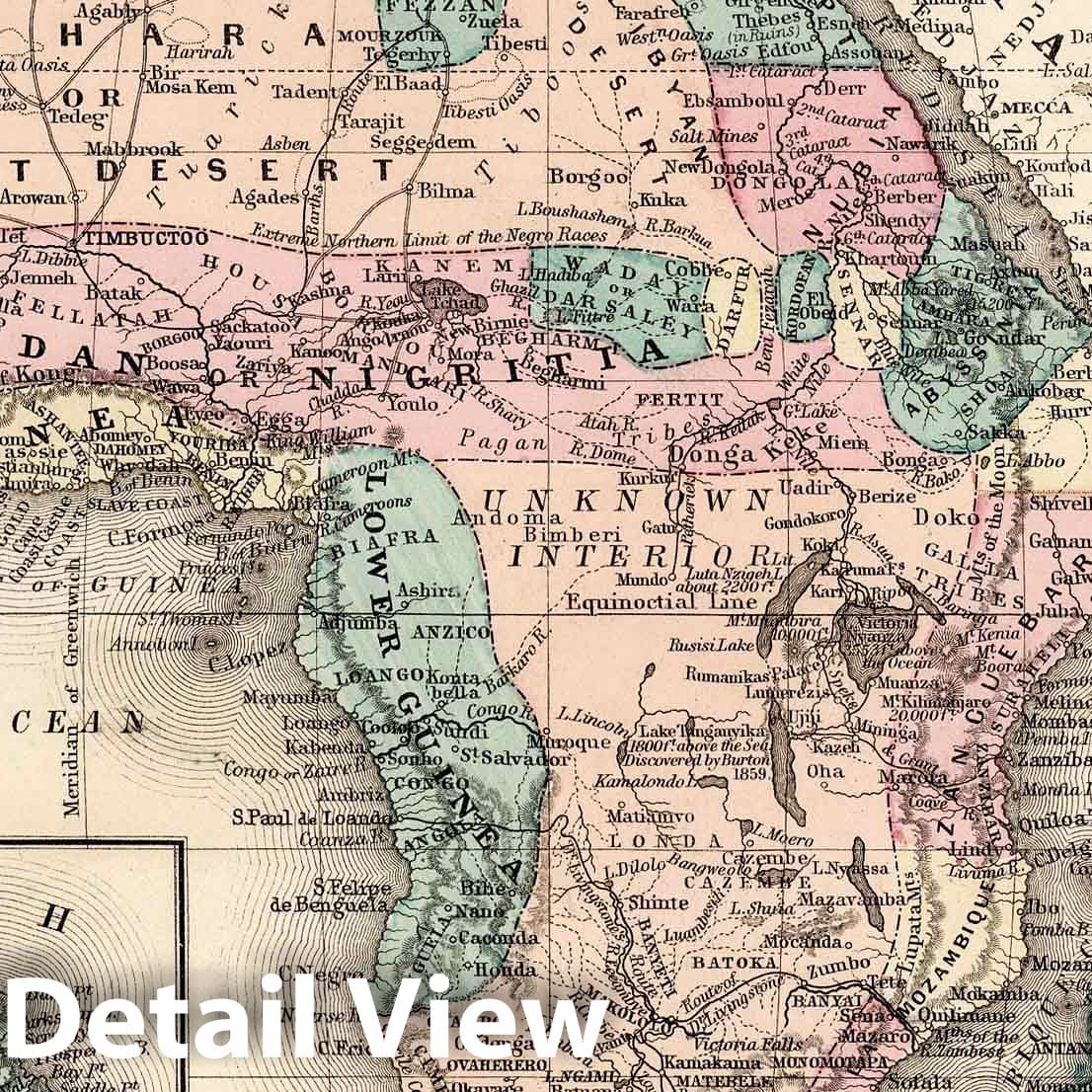 Africa with Recent Discoveries - Route Map, 1877 - Historical Map Print