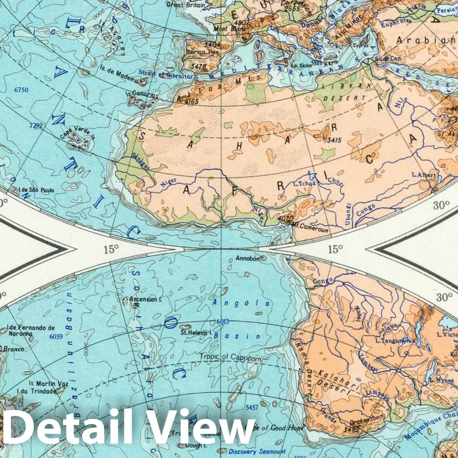 Northern and Southern Hemispheres - Physical Map, 1967 - Soviet World Atlas Print