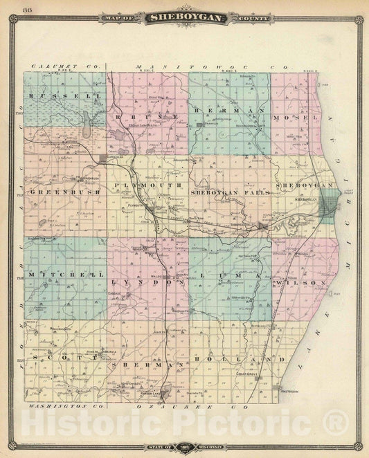 Historic Map : 1878 Map of Sheboygan County, State of Wisconsin. - Vintage Wall Art