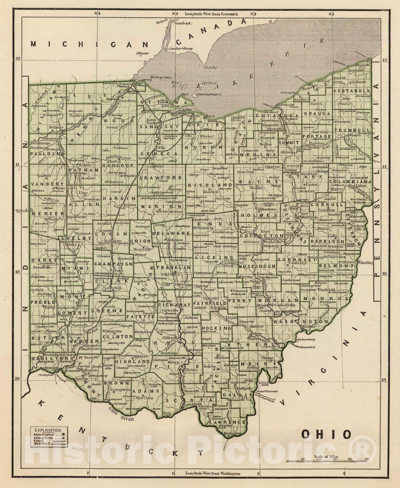 Historic Map : National Atlas - 1845 Ohio. - Vintage Wall Art