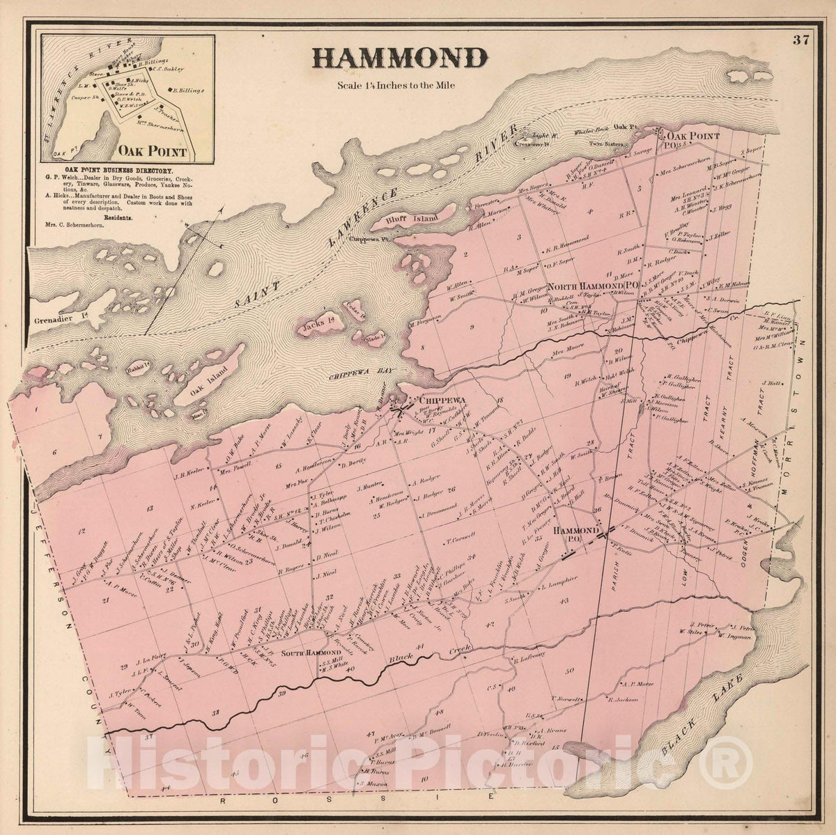 Historic Map : 1865 Hammond. Oak Point, Saint Lawrence County, New York. - Vintage Wall Art