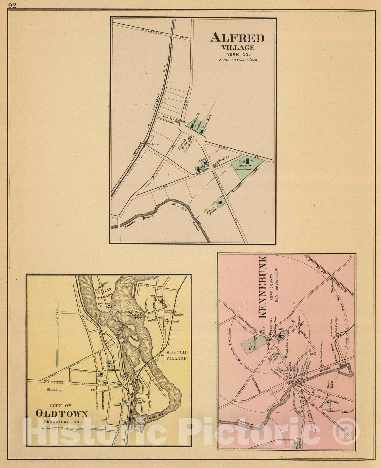 Historic Map : 1894 Alfred, Old Town, Kennebunk. - Vintage Wall Art