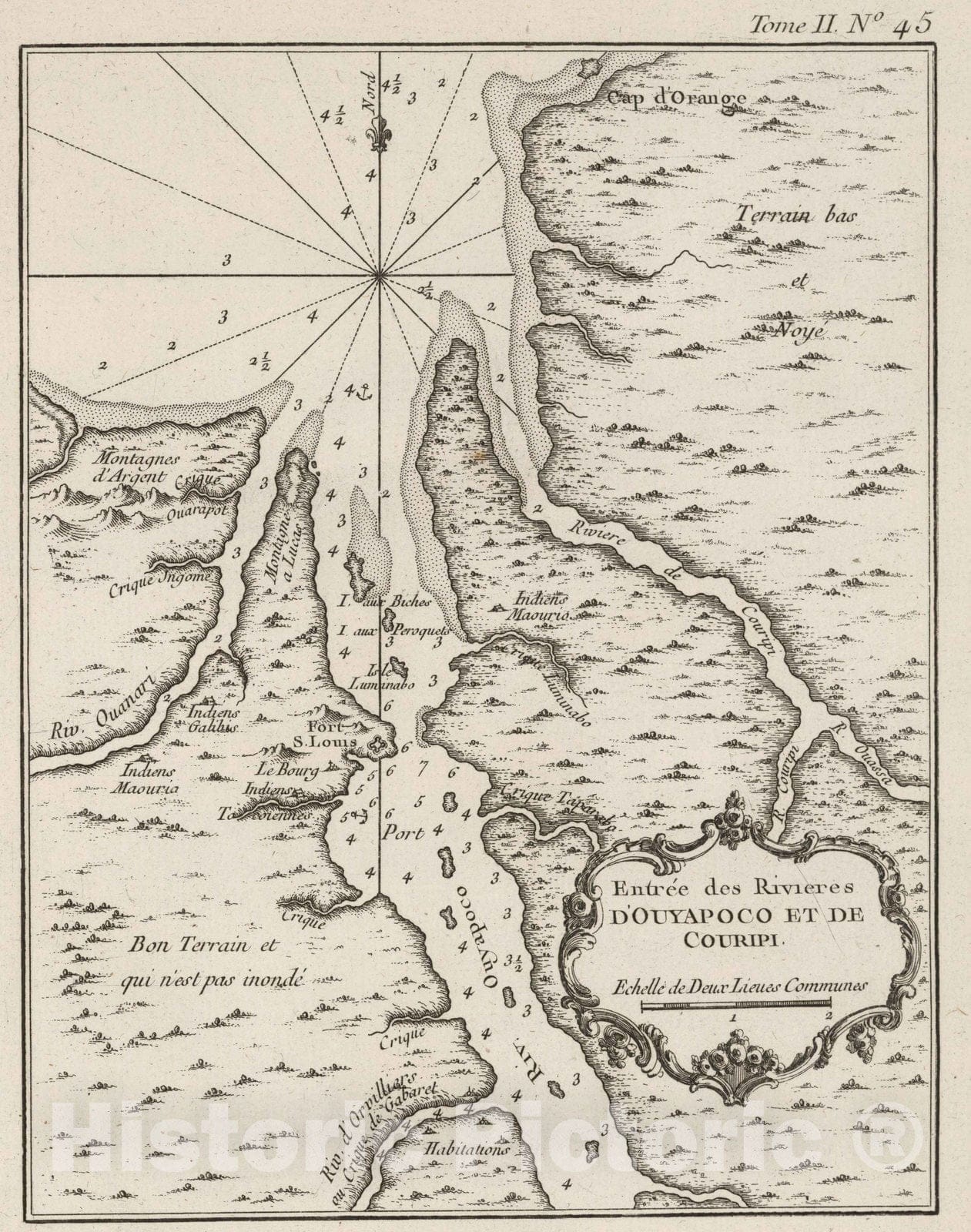 Historic Map : Surinam; French Guiana, 1764 Entree des Rivieres d'Ouyapoco et de Couripi , Vintage Wall Art