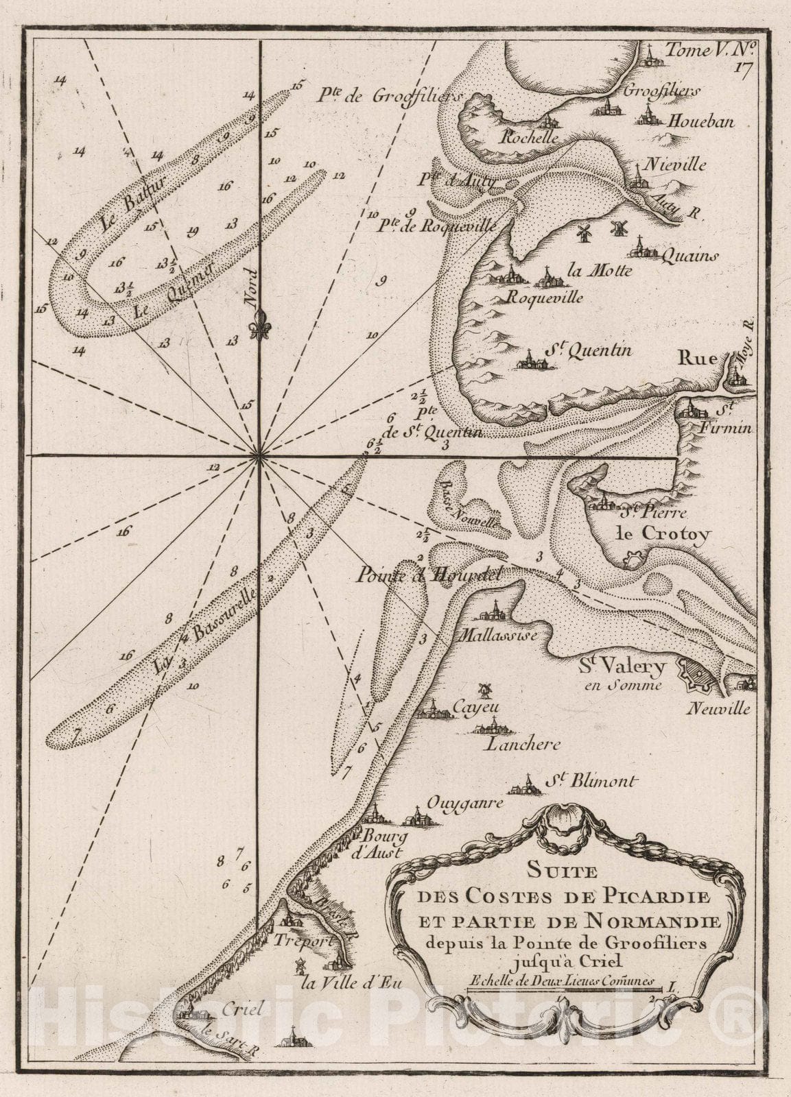 Historic Map : France, Picardy , France 1764 Suite des costes de Picardie et partie de Normandie depuis la pointe Groofiliers jusqu'J, Criel. , Vintage Wall Art