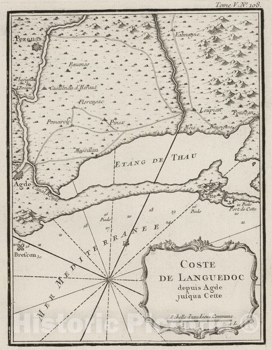 Historic Map : France, Languedoc , France 1764 Coste de Languedoc depuis Agde jusqu'a Cette. , Vintage Wall Art
