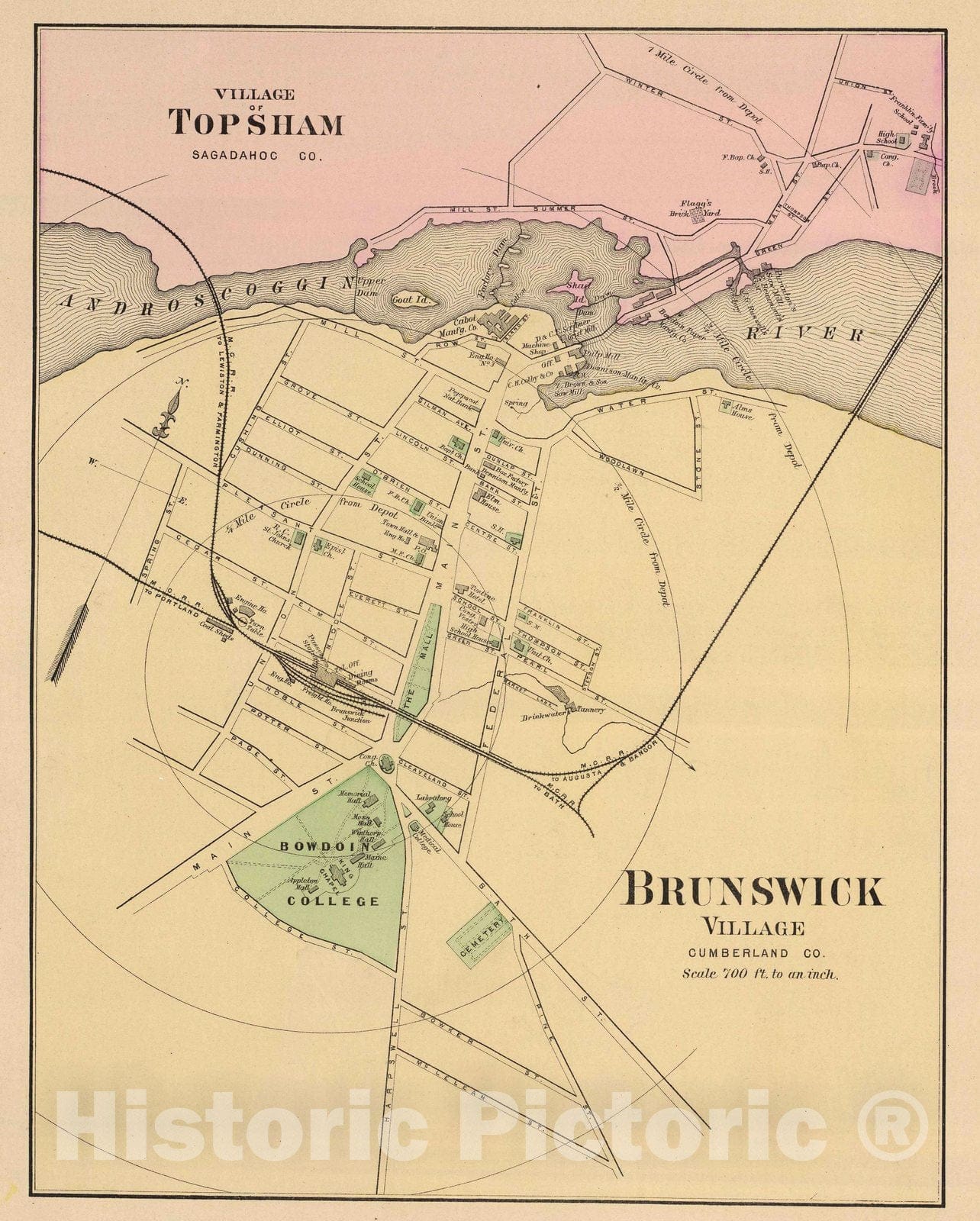 Historic Map : 1885 Brunswick, Topsham. - Vintage Wall Art