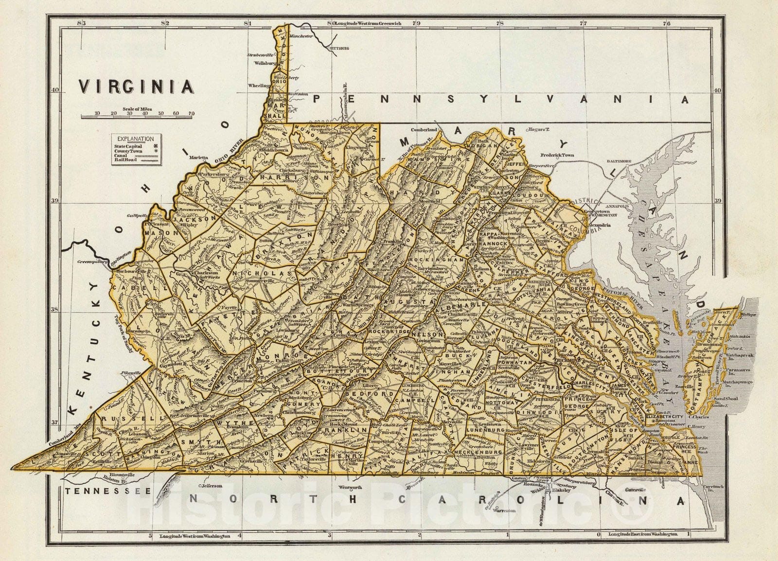 Historic Map : National Atlas - 1845 Virginia. - Vintage Wall Art