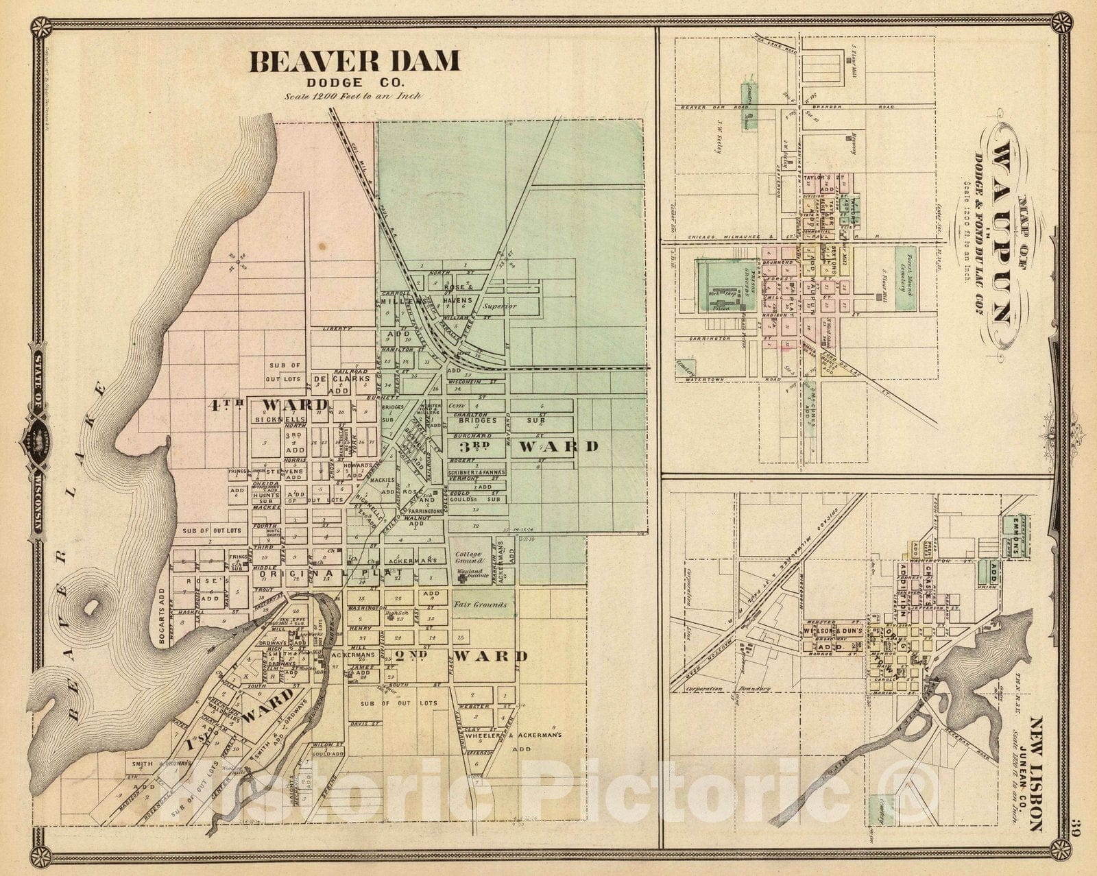 Historic Map : 1878 Beaver Dam, Waupun and New Lisbon. - Vintage Wall Art