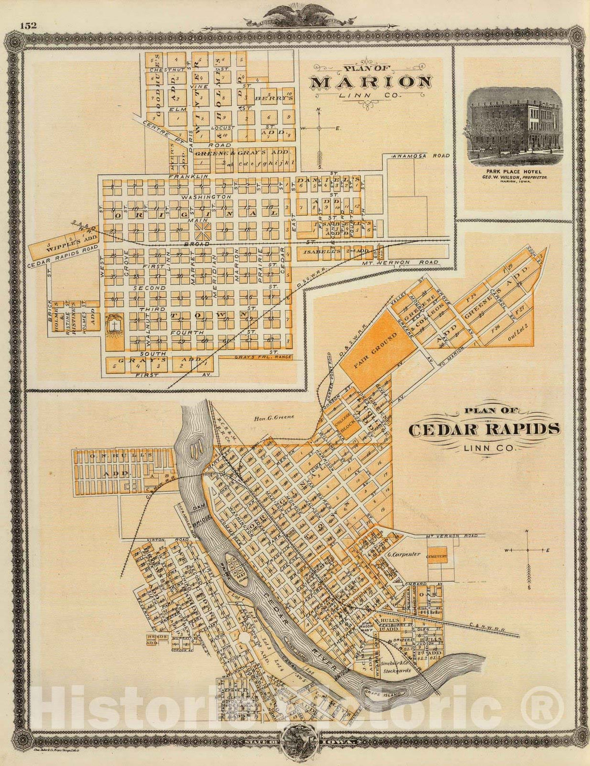 Historic Map : 1875 Plan of Marion and Plan of Cedar Rapids. - Vintage Wall Art