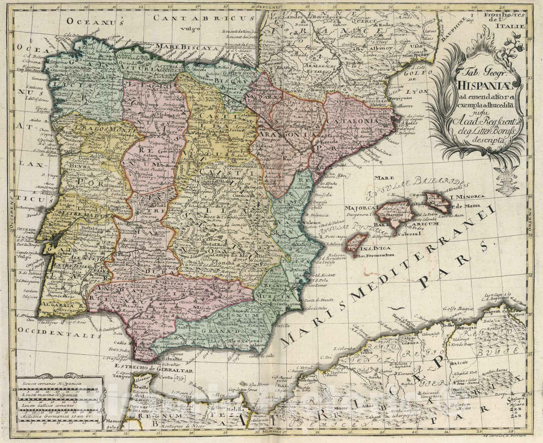 Historic Map : Spain, , Europe 1753 Tab. Geogr. Hispaniae , Vintage Wall Art