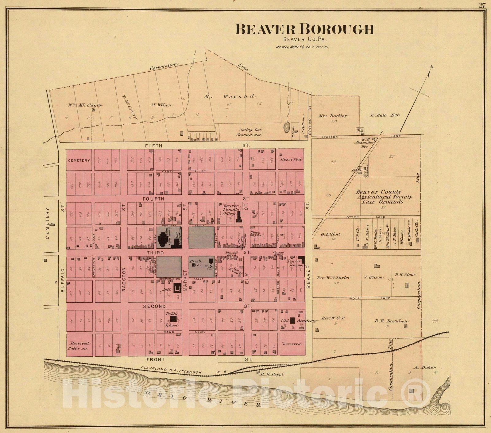 Historic Map : 1877 Beaver Borough, Beaver Co, Pa. - Vintage Wall Art