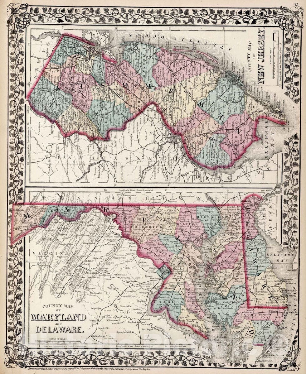 Delaware, Maryland, and New Jersey - Railroad Map, 1877