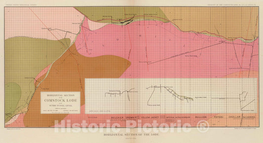 Historic Map : Geologic Atlas - 1882 Horizontal Section of the Comstock Lode at the Sutro Tunnel Level (South End). - Vintage Wall Art