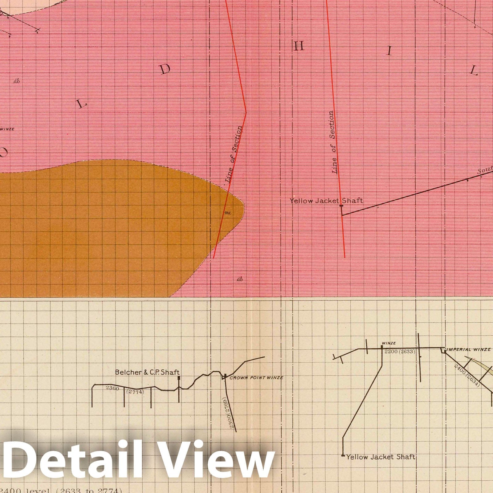 Historic Map : Geologic Atlas - 1882 Horizontal Section of the Comstock Lode at the Sutro Tunnel Level (South End). - Vintage Wall Art