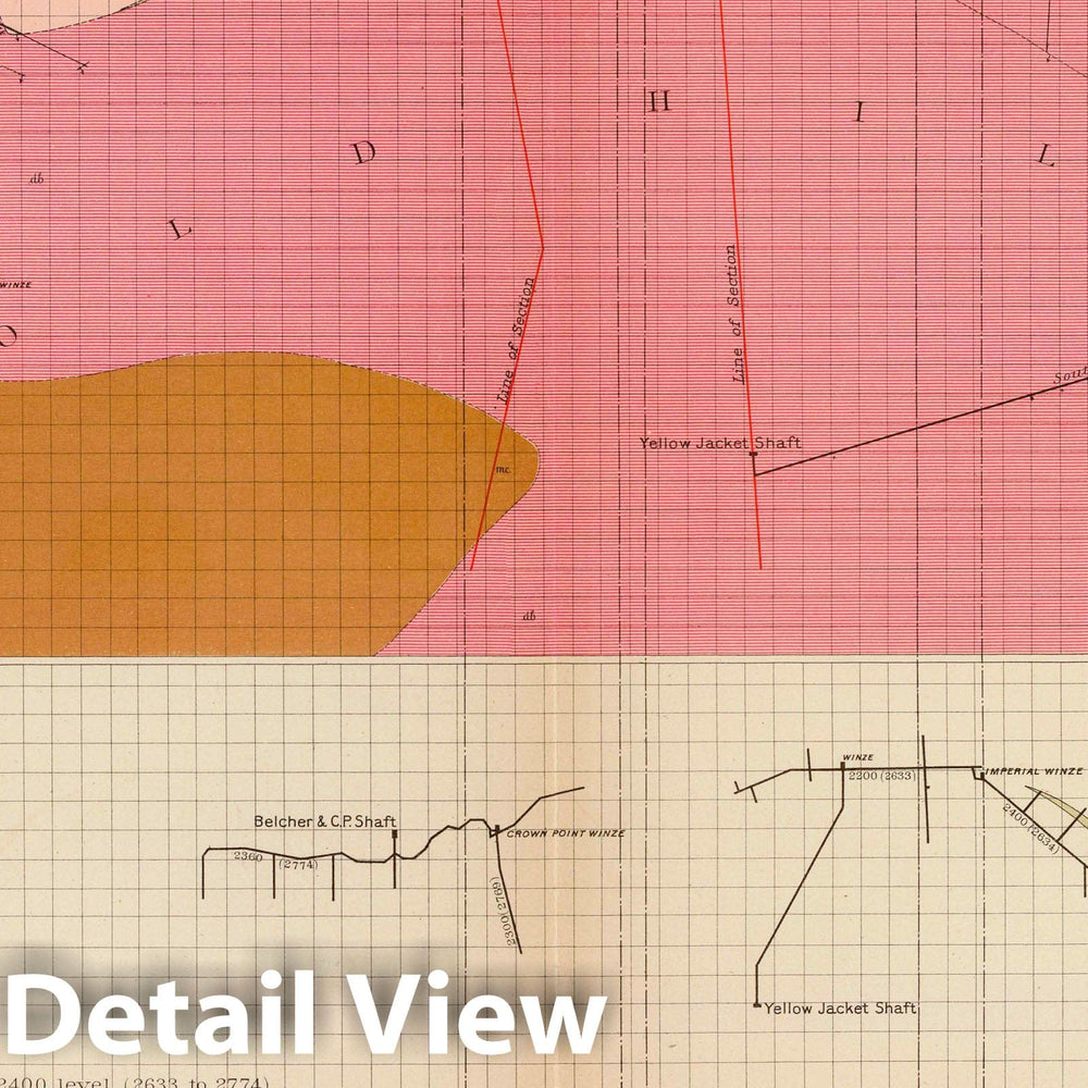Historic Map : Geologic Atlas - 1882 Horizontal Section of the Comstock Lode at the Sutro Tunnel Level (South End). - Vintage Wall Art