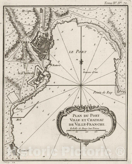 Historic Map : France , Villefranche-sur-Mer France, Provence 1764 Plan du port, Ville et Chateau de Ville-Franche , Vintage Wall Art