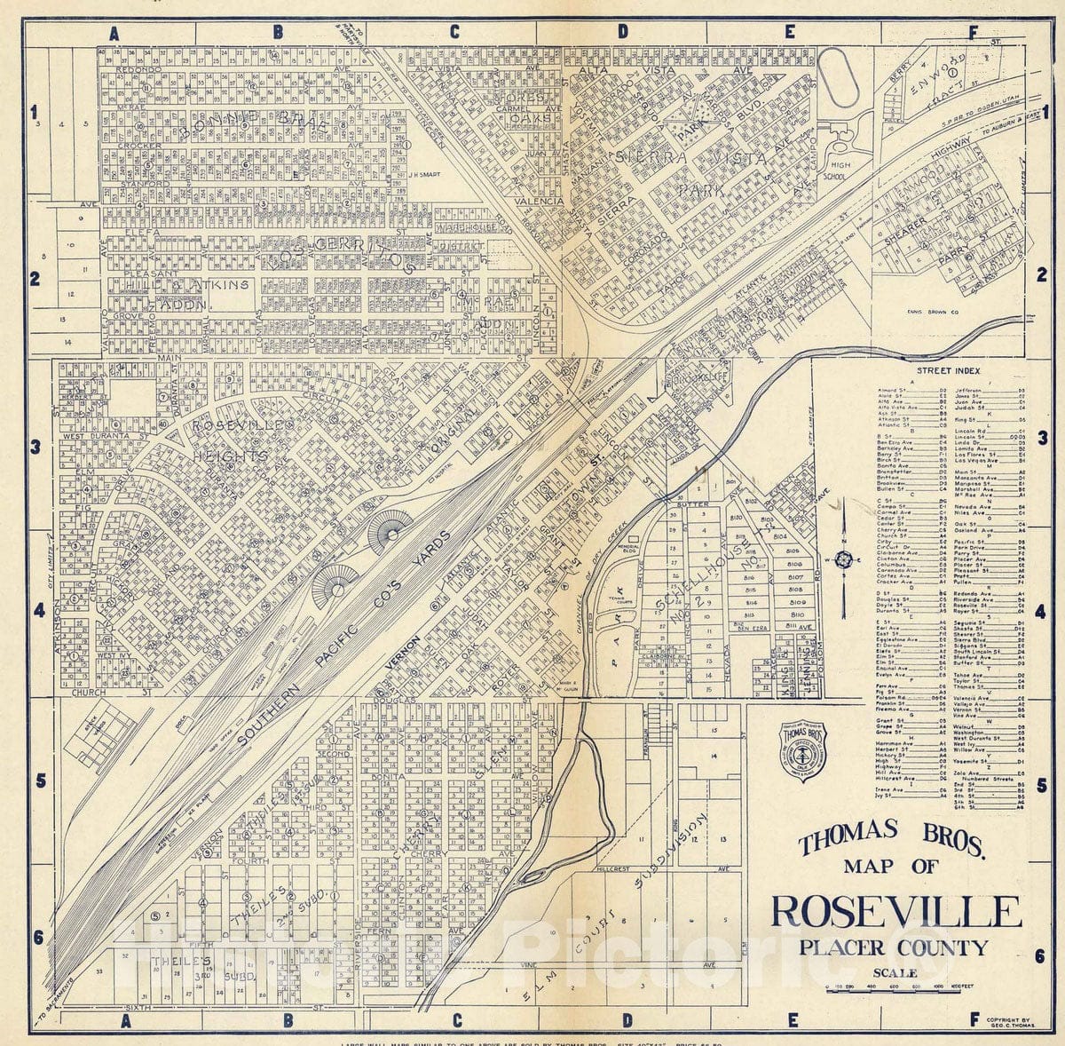 Historic Map - 1938 Thomas Bros. Map of Roseville, Placer County, California. - Vintage Wall Art