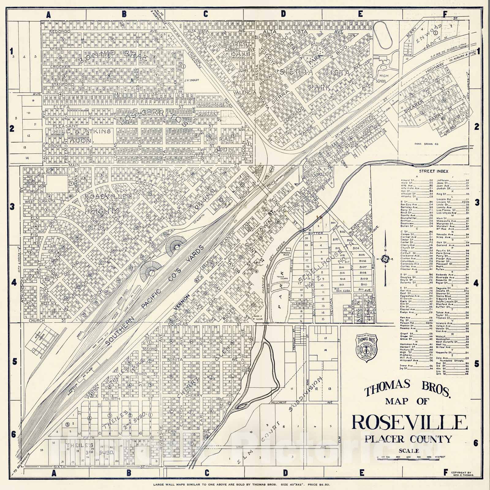 Historic Map - 1938 Thomas Bros. Map of Roseville, Placer County, California. - Vintage Wall Art