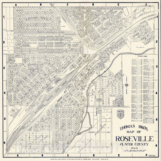 Historic Map - 1938 Thomas Bros. Map of Roseville, Placer County, California. - Vintage Wall Art