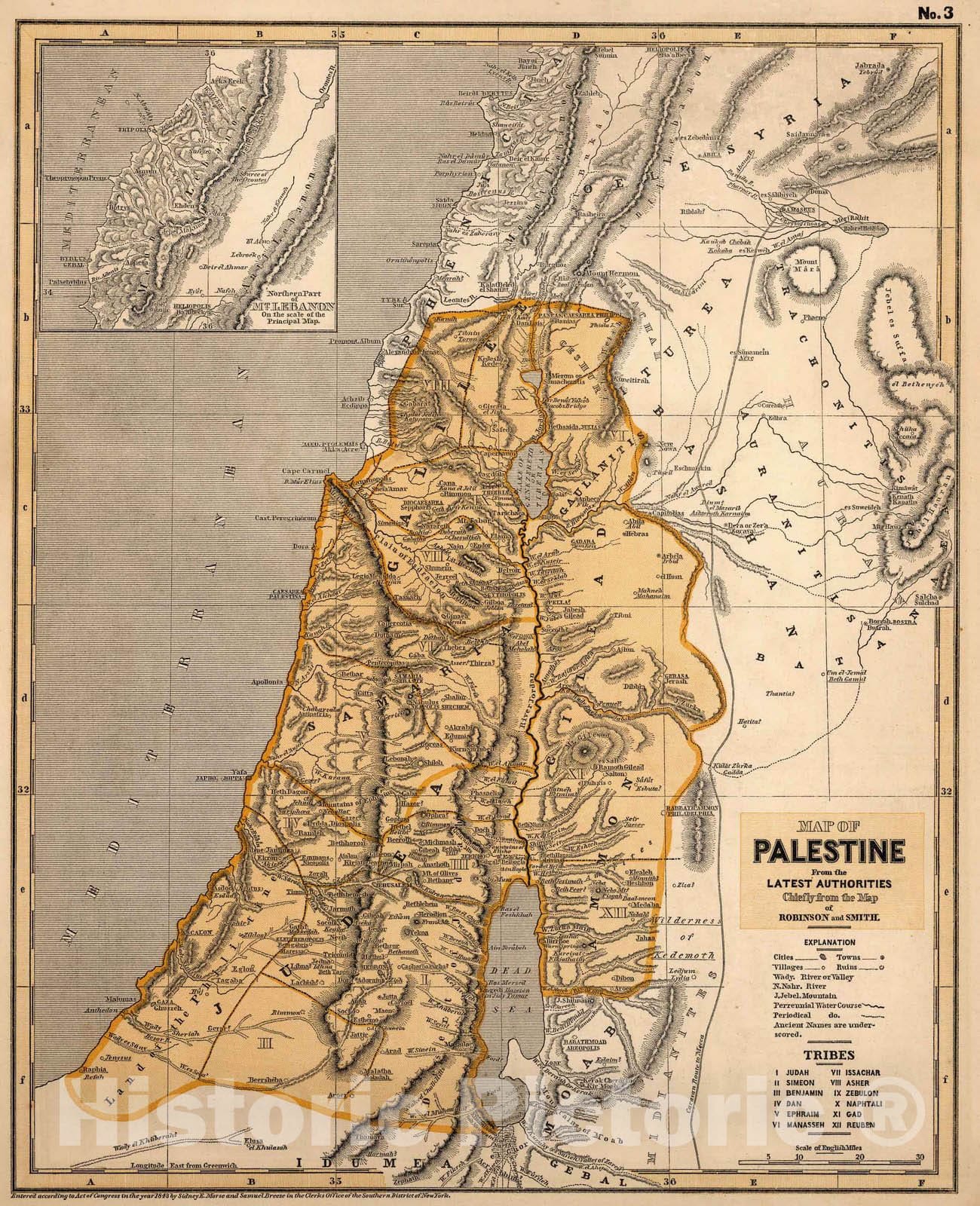 Palestine - River Map, 1844 - Historical Map Print