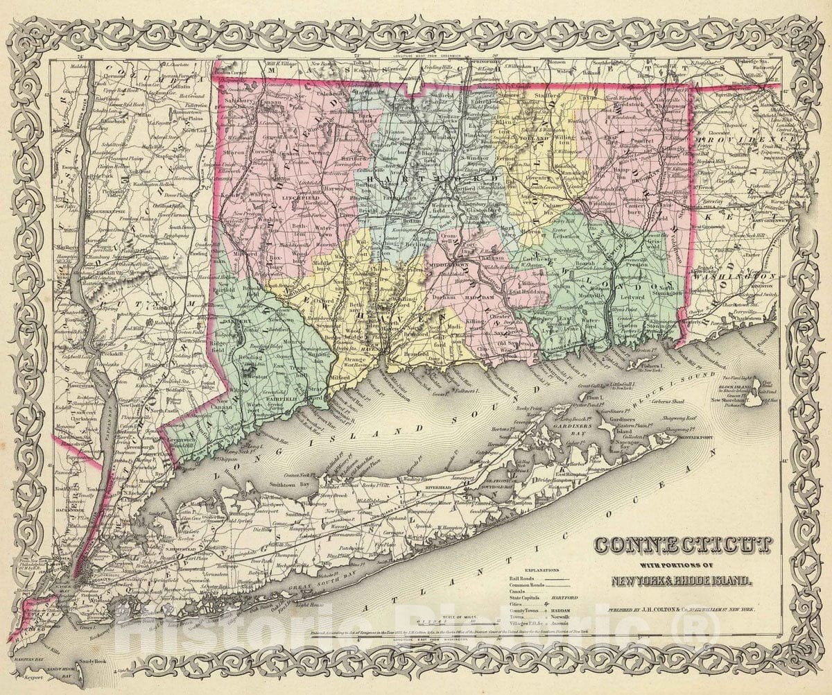Historic Map : 1856 Map of Connecticut : Vintage Wall Art