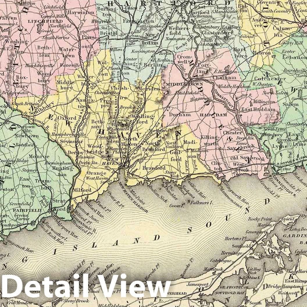 Connecticut, New York & Rhode Island - 1856 Historical Map Print