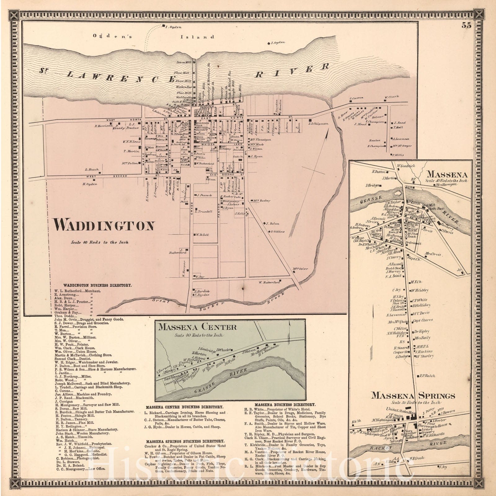 Waddington, Massena, and Massena Springs, Saint Lawrence County, New York - Property Map, 1865