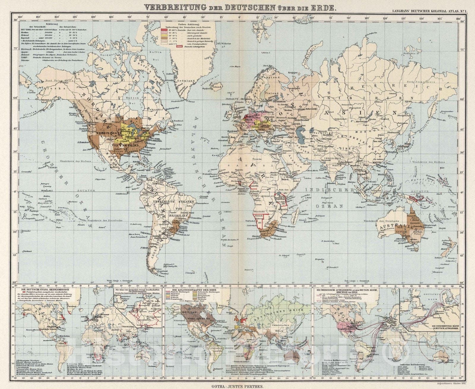 Historic Map : 1892 Nr. 1. Verbreitung der Deutschen ueber die Erde. (Spreading of the Germans About the Earth.) - Vintage Wall Art