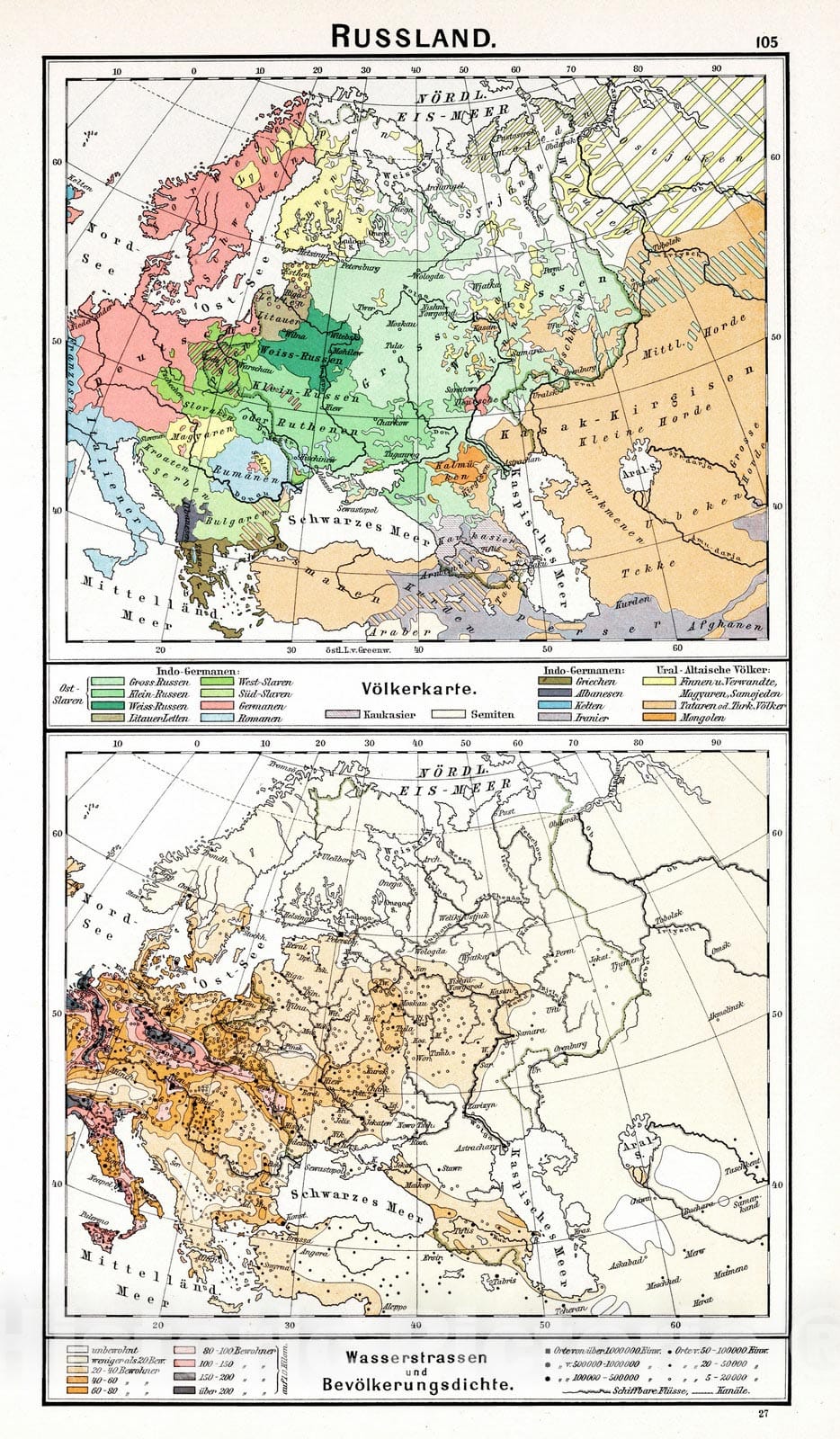Historic Map : Russia, , Europe 1896 Russland. Volkerkarte. Wasserstrassen und Vevolkerungsdichte , Vintage Wall Art