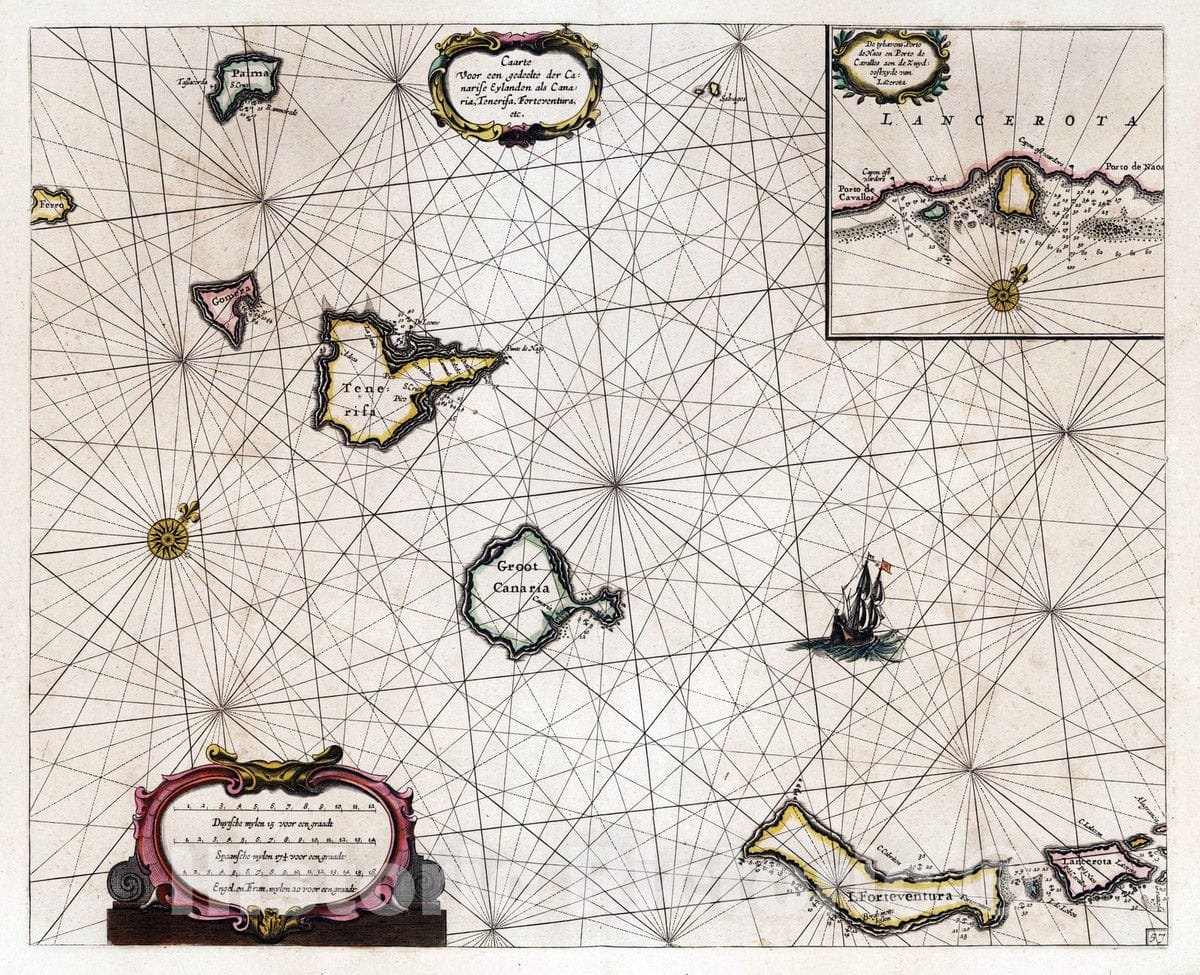 Historic Map : Canary Islands 1667 Caarte, Canarise Eylanden. , Vintage Wall Art