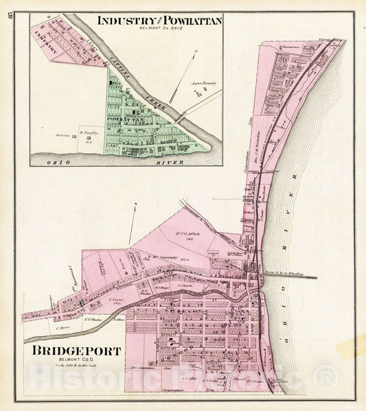 Historic Map : 1877 Bridgeport, Belmont Co, O. (with) Industry and Powhattan, Belmont Co, Ohio. - Vintage Wall Art