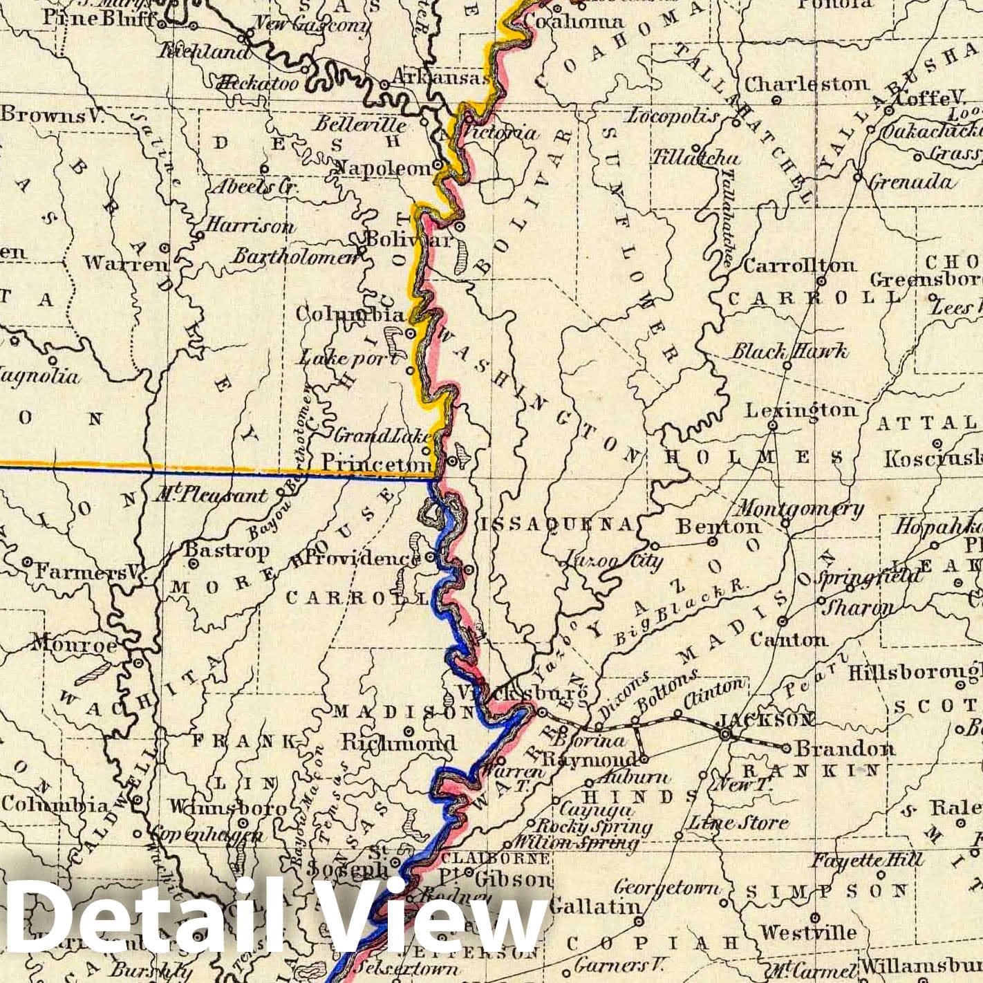 Arkansas and Louisiana and Mississippi - Railroad Map, 1854