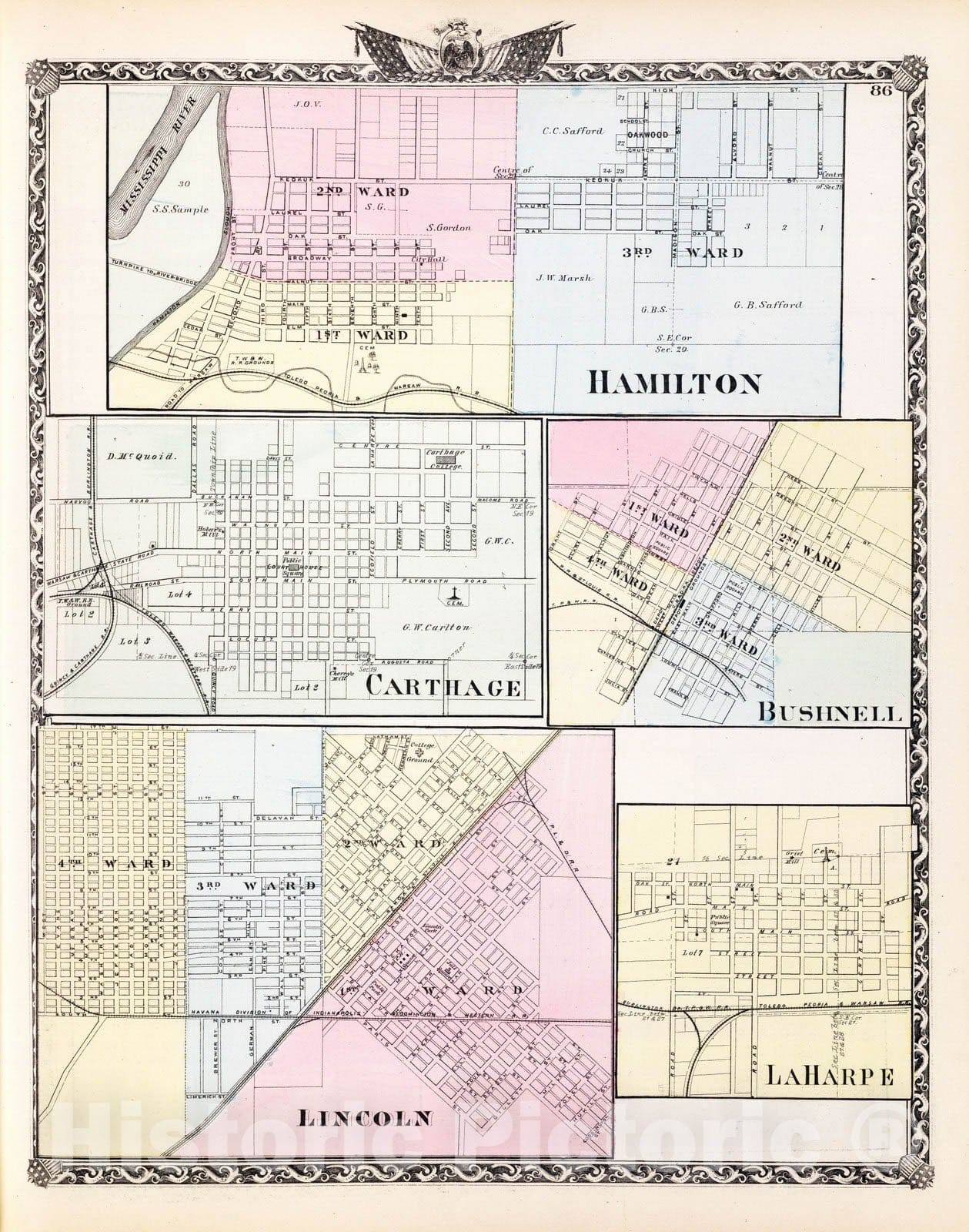 Historic Map : 1876 Hamilton, Carthage, Bushnell, Lincoln and LaHarpe. - Vintage Wall Art