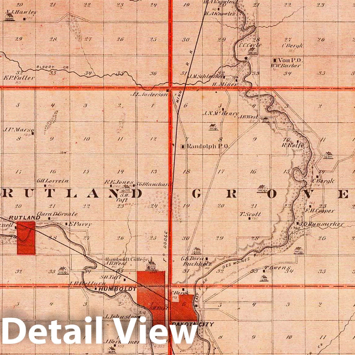 Humboldt County, Iowa - Railroad Map, 1875 - Historical Map Print