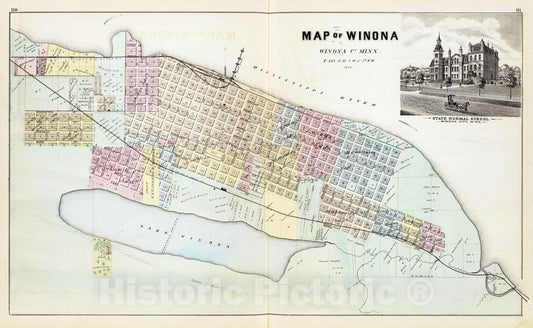 Historic Map : 1874 Map of Winona, Minn, with view of State Normal School. - Vintage Wall Art
