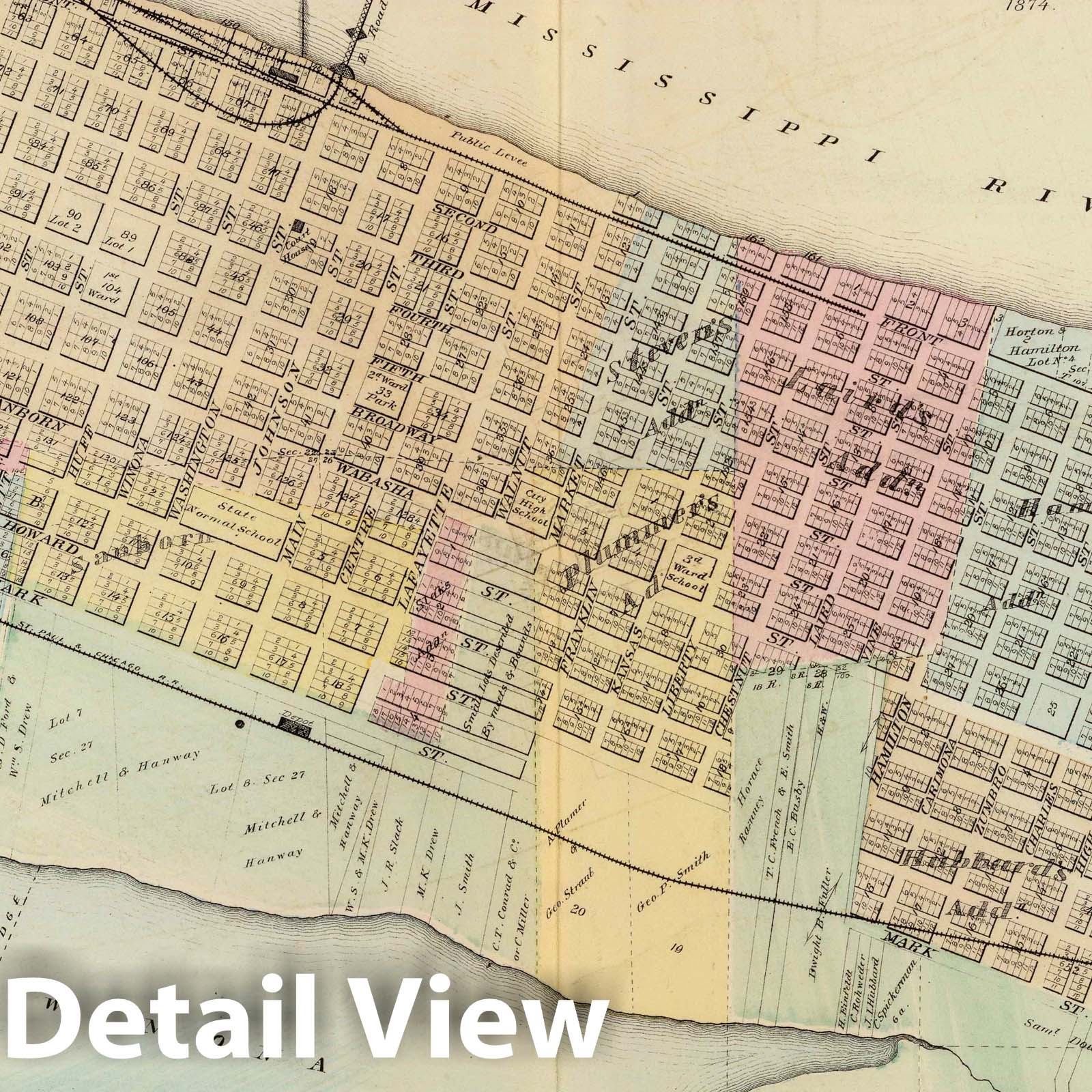 Historic Map : 1874 Map of Winona, Minn, with view of State Normal School. - Vintage Wall Art