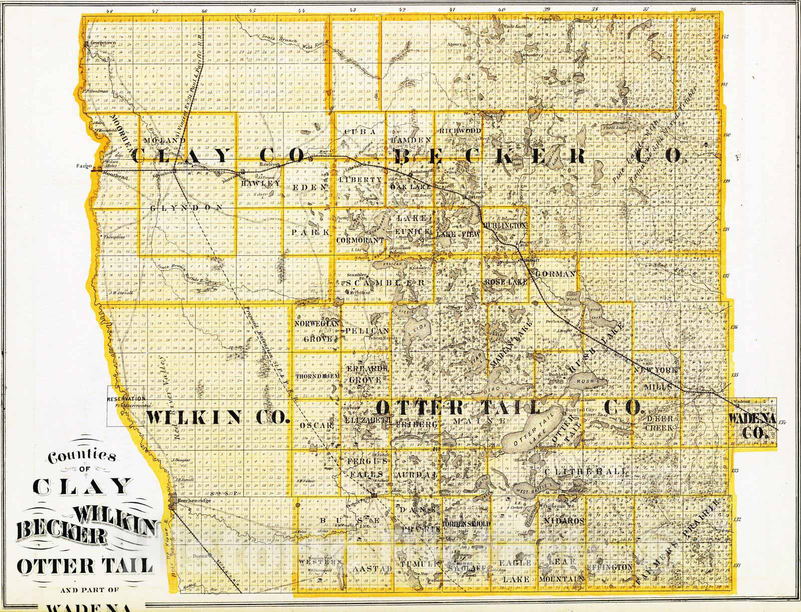 Clay, Wilkin, Becker, and Otter Tail Counties, Minnesota - Railroad Map, 1874