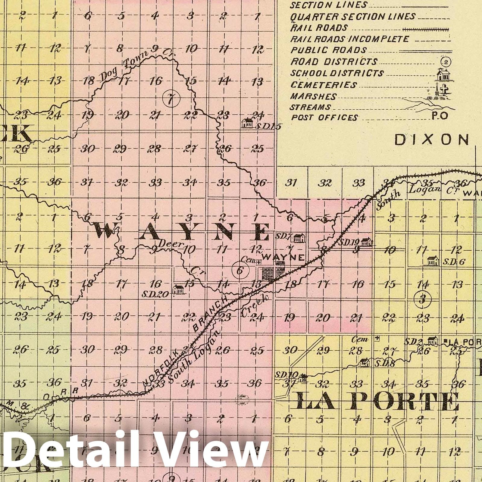 Wayne County, Nebraska Map 1885 - Historical Map Print with Hoskins