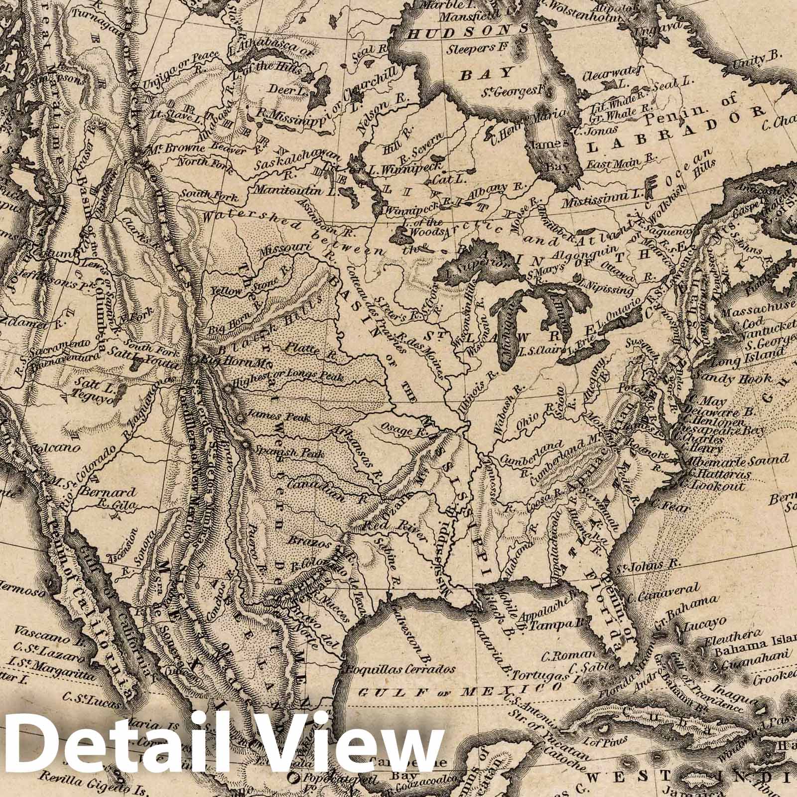 North America - River Map, 1845 - Historical Topographic Print