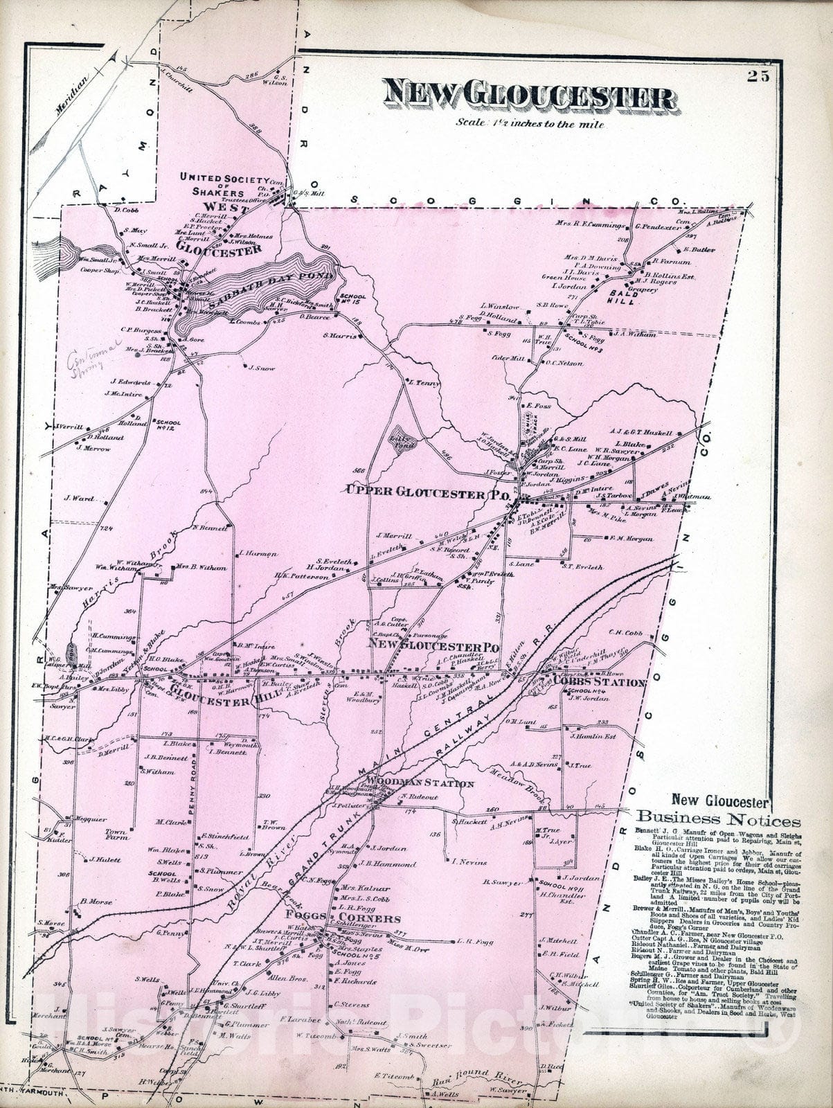 Historic Map : 1871 New Gloucester, Cumberland County, Maine. - Vintage Wall Art