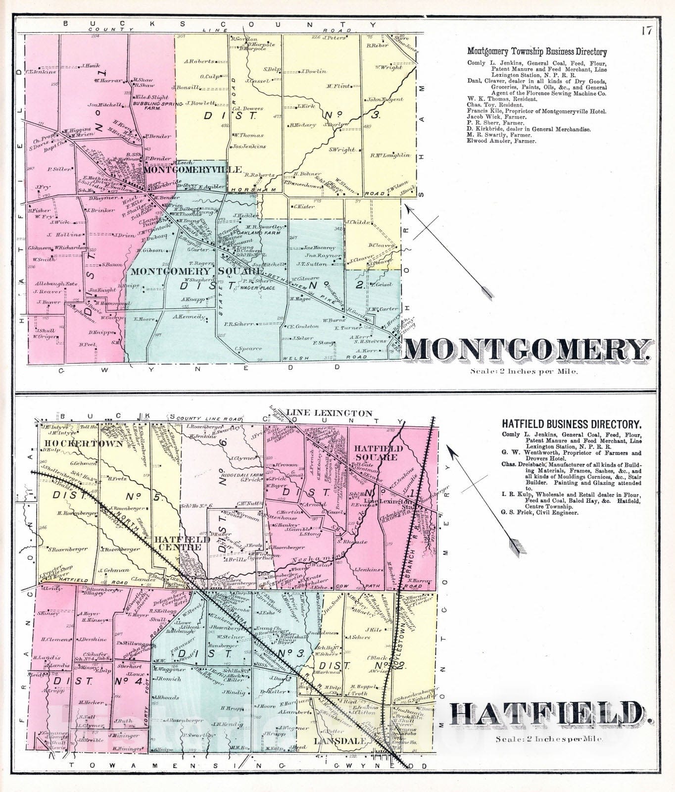 Historic Map : 1871 Montogmery and Hatfield, Montgomery County, Pennsylvania. - Vintage Wall Art