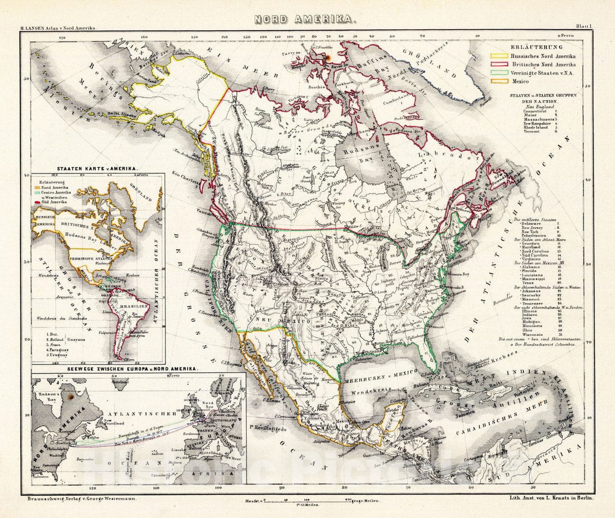 Historic Map : National Atlas - 1854 Nord Amerika. - Vintage Wall Art