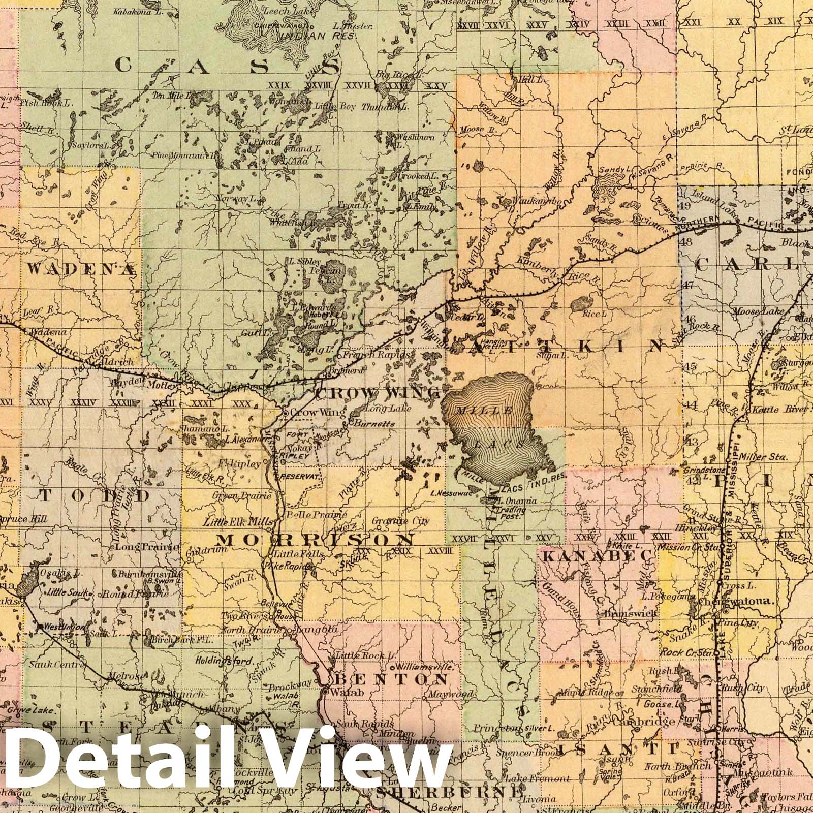 Minnesota - Railroad Map, 1874 - Hand-Colored Historical Atlas Plate