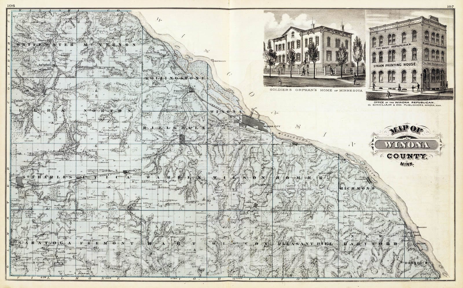 Historic Map : 1874 Map of Winona County, Minn, Soldiers Orphan's Home and Office of the Winona Republican. - Vintage Wall Art