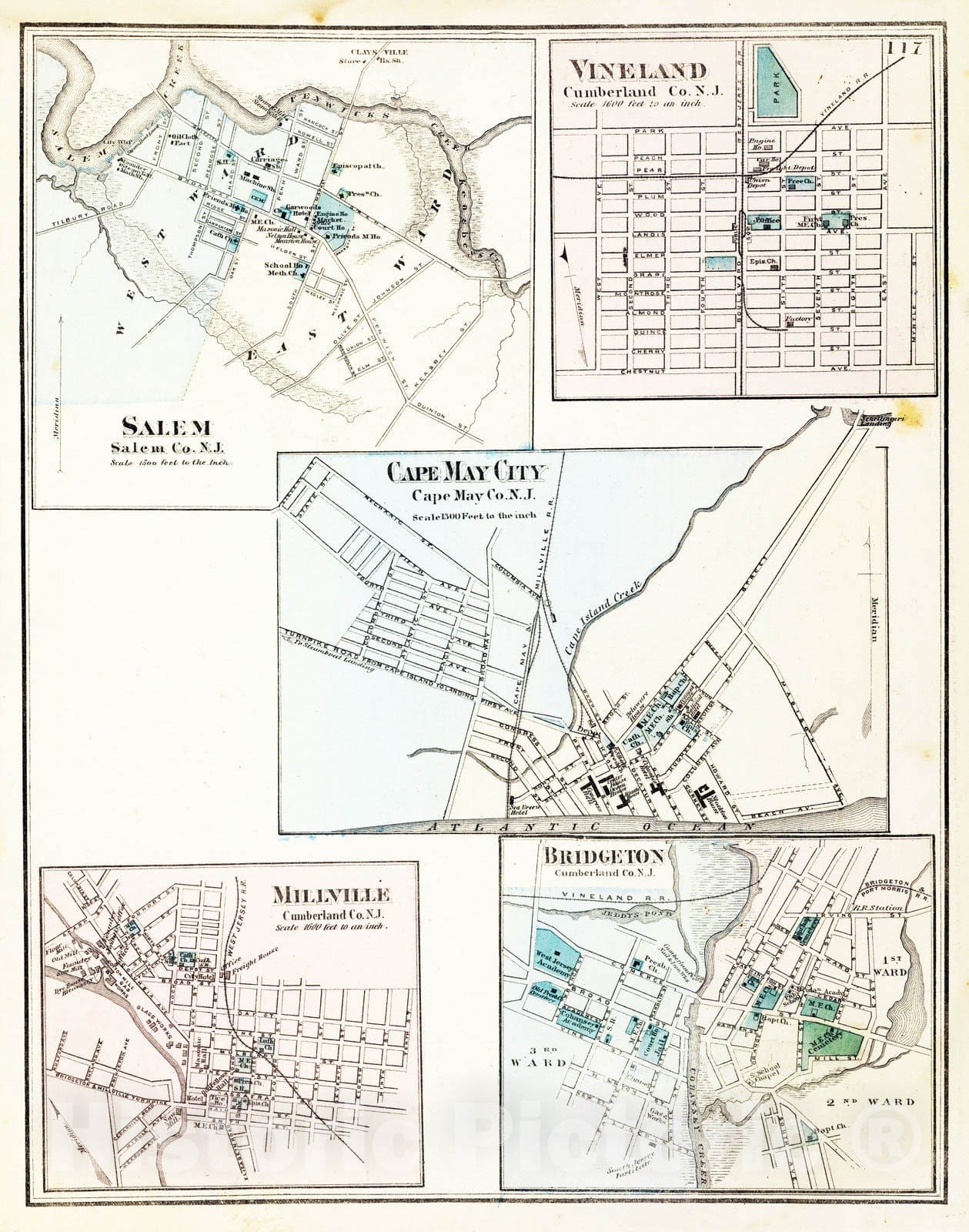 Historic Map : 1872 Cape May City, Salem, Vineland, Millville, Bridgeton. - Vintage Wall Art