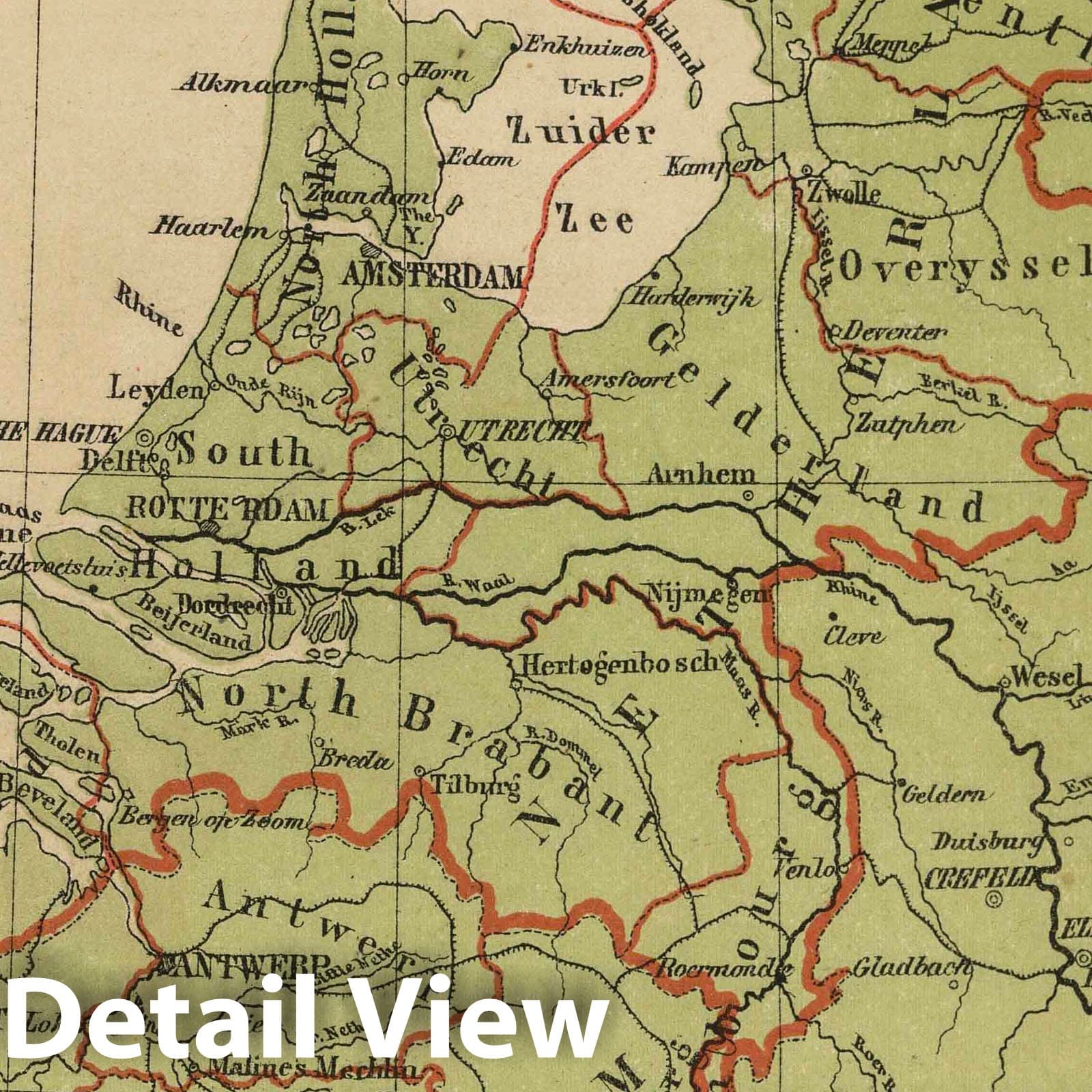 Netherlands and Belgium - Physical Map, 1880 - Historical Atlas Reproduction