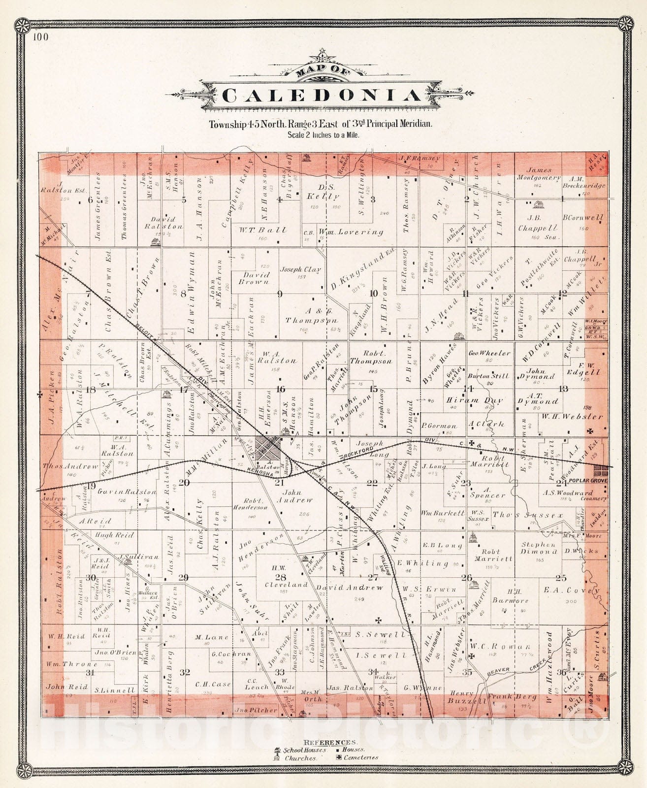 Historic Map : 1886 Caledonia, Boone County (Ill.) - Vintage Wall Art