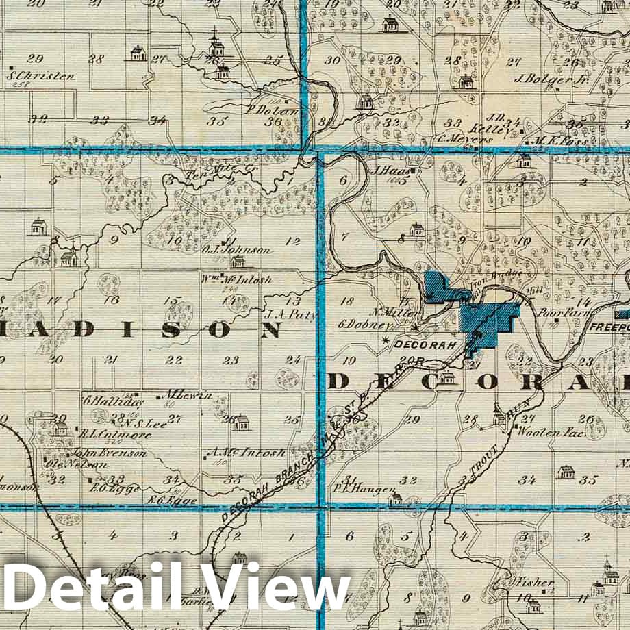 Winneshiek County, Iowa - Railroad Map, 1875 - Historical Map Print
