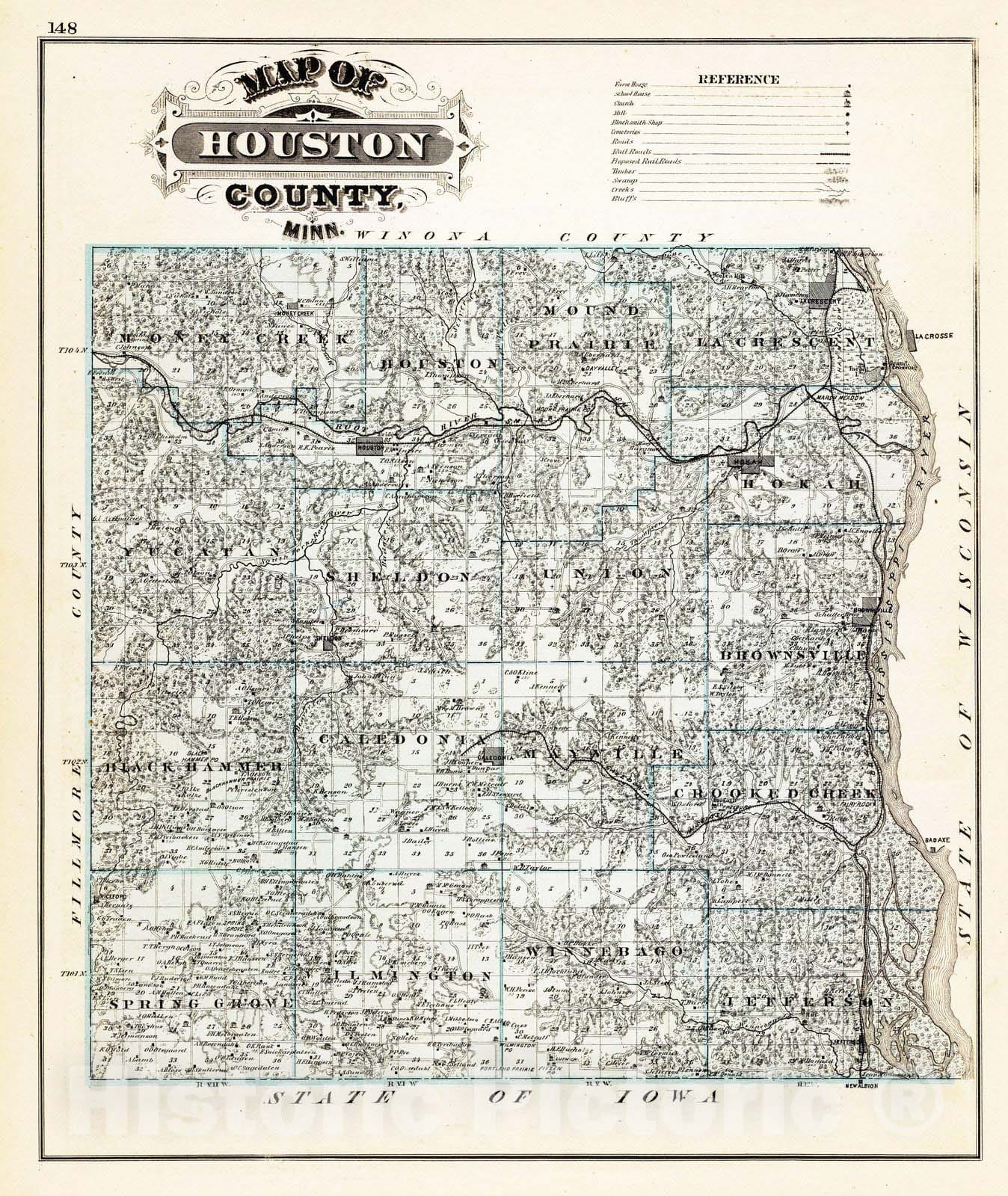 Historic Map : 1874 Map of Houston County, Minn. - Vintage Wall Art